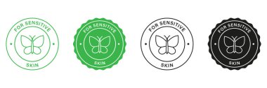 Dermatoloji Damgaları Hassas Cilde Ayarlandı. Kozmetik Yeşil ve Kara Etiketler. Hassas Cilt İçin Doğal İçindekiler Sembol Etiketi. İzole Vektör İllüstrasyonu.