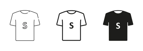 Shirt Size Black Silhouette Line Icons Set Abbigliamento Umano Etichetta — Vettoriale Stock