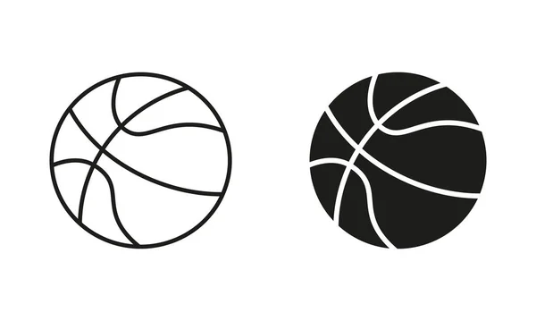 バスケットボールボールブラックシルエットとラインアイコンセット ボール フォー プレイスポーツゲーム白を基調としたソリッド アウトラインシンボルコレクション 絶縁ベクトルイラスト — ストックベクタ