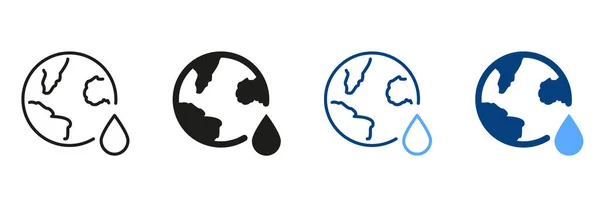 Planet Earth Water Drop Silhouette Line Icon Set Risparmia Concetto — Vettoriale Stock