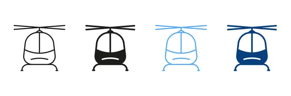 直升机线和轮廓彩色图标设置 空运象形文字 白色背景下军用飞机实录和概略符号集 孤立的病媒图解 — 图库矢量图片