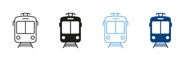 Tramvay Hattı ve Siluet Piktogramlar. Şehir hatları ve sağlam semboller koleksiyonunda elektrikli toplu taşıma araçları için durur. Tramvayın Renk Simgeleri. İzole Vektör İllüstrasyonu.