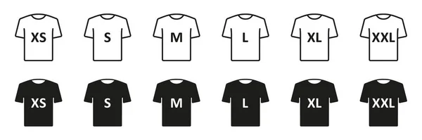 Shirt Size Black Silhouette Line Icons Set Etichetta Taglia Abbigliamento — Vettoriale Stock