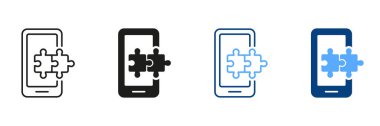 Bulmaca Hattı ve Siluet Simgesi Ayarlı Cep Telefonu. Smartphone Mobil Uygulama Pictogram 'daki yapboz. Cep telefonu işaretindeki dijital oyun. Bulmaca Uygulama Sembol Koleksiyonu. İzole Vektör İllüstrasyonu.