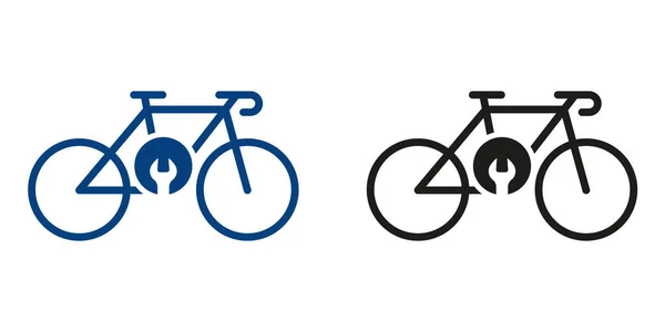自行车与Wrench修理概念轮廓图标集 自行车运输象形文字工作坊 自行车机修工在白色背景下的固体符号集合 孤立的病媒图解 — 图库矢量图片