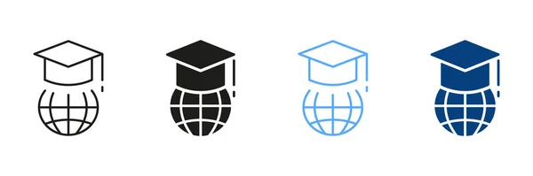 Education Global World Silhouette Line Icon Set Cappellino Laurea Collezione — Vettoriale Stock