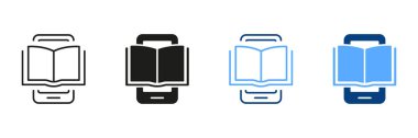 Cep Telefonu Silueti ve Satır Simgesi Ekitabı. Eğitim ve Eğilim için Elektronik Kitap Aygıtı. E-kitap okuyucu, E-okuyucu renk işareti. Açık Ebook 'lu akıllı telefon. Vektör İzole Resimleri.