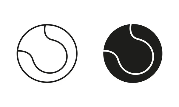 Tennis Ball Black Silhouette Line Icon Set Palla Gioco Sportivo — Vettoriale Stock