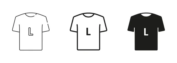 Shirt Size Black Silhouette Line Icons Set Abbigliamento Umano Etichetta — Vettoriale Stock