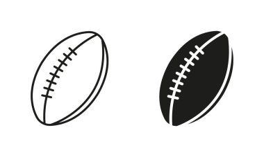 Rugby Balosu Siyah Siluet ve Satır Simgesi. Ball for Play Sports Game, American Football Solid ve Outline Symbol Collection on White Background. İzole Vektör İllüstrasyonu.