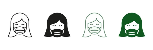 Yüz Koruma Burun Ağız Maskesi Tıbbi Maskeli Kadın Siluet Simgesi — Stok Vektör