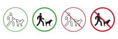 Yürüyen Köpek Kırmızı ve Yeşil Uyarı İşaretleri için bölge. Leash Walk Line ve Silhouette Icons Set 'deki Erkek ve Evcil Hayvan. Hayvan Bölgesi Pictogram 'ına izin verildi ve yasaklandı. İzole Vektör İllüstrasyonu.