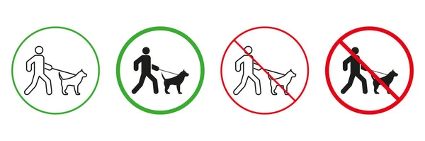 Зона Выгула Собак Красный Зеленый Предупреждающие Знаки Мужчина Домашнее Животное — стоковый вектор