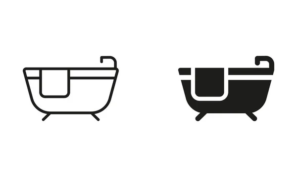 Bad Silhouette Und Line Icon Set Vorhanden Badewanne Mit Wasserhahn — Stockvektor