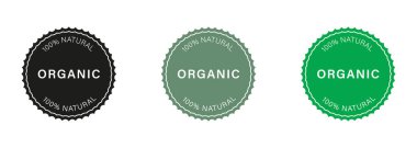 Organik Gıda Etiketi. Biyo Sağlıklı Çevre Gıda İşareti. Doğal ve Ekoloji Ürünleri, Vejetaryen Gıda Çıkartması. Yüzde 100 Organik Yeşil ve Siyah Siluet Simgeleri. İzole Vektör İllüstrasyonu.