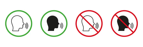 人讲红色和绿色警告标志 请保持安静线和轮廓图标设置 允许和禁止说话的区域 噪音和噪音区域象形文字 孤立的病媒图解 — 图库矢量图片