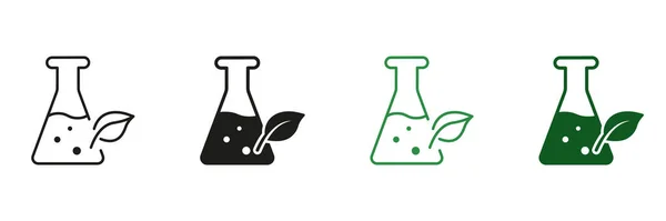 玻璃瓶与叶型轮廓和线图标集 自然科学自然研究实验黑色和绿色标志 生物实验室标志 Paraben自由符号 孤立的病媒图解 — 图库矢量图片