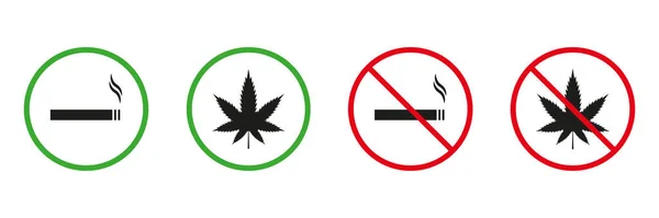 吸烟的地方红色和绿色的标志 尼古丁香烟区轮廓图标设置 允许和禁止吸烟的大麻区象形文字 孤立的病媒图解 — 图库矢量图片