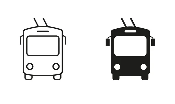 トロリーバス線とシルエットブラックアイコンセット フロントビューピクトグラムのトロリーバス 市電気公共交通機関概要と固体シンボルコレクションのための駅を停止します 絶縁ベクトルイラスト — ストックベクタ