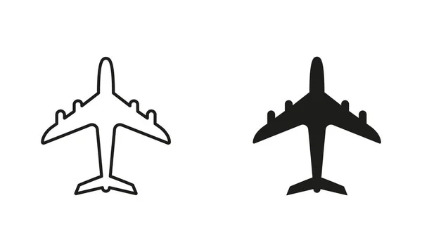 飞机航线和轮廓黑色图标集 航空喷气式飞机 飞机象形文字 以飞机为背景的旅游及白色背景的固体符号收藏 孤立的病媒图解 — 图库矢量图片
