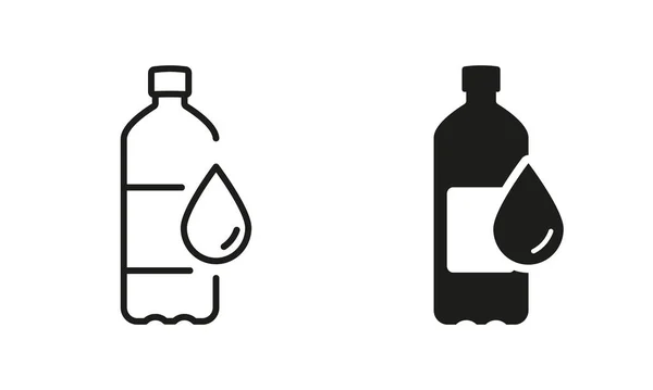 水壶轮廓和线图标设置 采购产品塑料瓶饮料 矿泉水 苏打黑色标志 回收箱符号收集 孤立的病媒图解 — 图库矢量图片