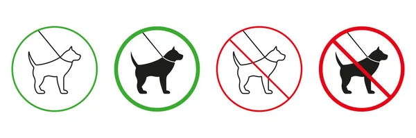Pet Leash Walk Zone Червоні Зелені Попереджувальні Знаки Набір Іконок — стоковий вектор