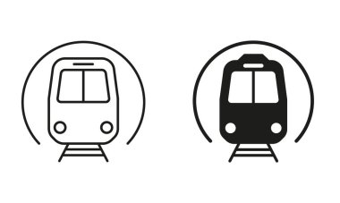 Metro Tren Hattı ve Siluet Siyah Simge Seti. Metro İstasyonu Pictogram. Elektrik Toplu Taşımacılık Hattı ve Solid Sembol Koleksiyonu Yeraltı İstasyonu. İzole Vektör İllüstrasyonu.