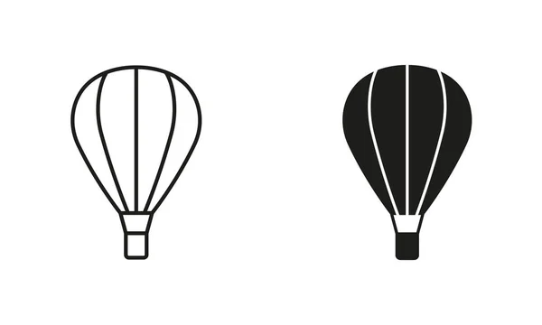 Balon Gorące Powietrze Linią Koszy Zestawem Ikon Silhouette Black Balon — Wektor stockowy