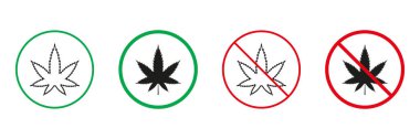 Marihuana kırmızı ve yeşil uyarı işaretleri. Kenevir CBD Sativa Hattı ve Siluet Simgeleri Ayarlandı. Ot kullanımına izin veriliyor ve yasaklanıyor. Hemp THC Pictogram. İzole Vektör İllüstrasyonu.