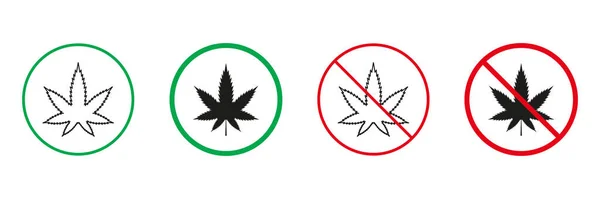 マリファナ赤と緑の警告サイン 大麻Cbdサティバラインとシルエットアイコンセット 雑草ヘンプの許可と禁止 Thc Pictogram 絶縁ベクトルイラスト — ストックベクタ