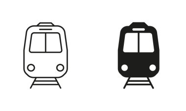 Tren Hattı ve Siluet Siyah Simge Seti. Tren İstasyonu Pictogram. Şehir Elektrikli Taşıtlar Taşımacılık İşareti, Taşımacılık Lokomotifi Taslak ve Solid Sembol Koleksiyonu. İzole Vektör İllüstrasyonu.