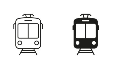 Tram Line ve Silhouette Black Icon Set. Tramvay, Tramway Pictogram. Şehir Elektrikli Taşıt Taşımacılık Hattı ve Solid Sembol Koleksiyonu için Durak İstasyonu. İzole Vektör İllüstrasyonu.