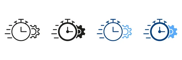 ギアとクロックラインとシルエットアイコンセット 最適化プロセスシンボルコレクション 歯車と時計の締め切り 制御時間と効率Pictogram 絶縁ベクトルイラスト — ストックベクタ