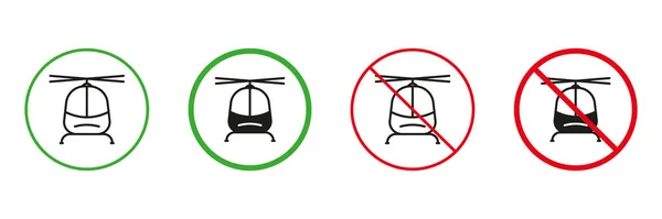 红色和绿色道路警告信号直升机 副驾驶证及禁止通行标志 直升机航线和轮廓图标设置 孤立的病媒图解 — 图库矢量图片