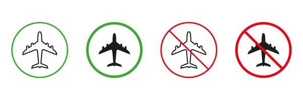 Flygtransport Röda Och Gröna Vägvarningsskyltar Flygplanslinje Och Siluett Ikoner Set — Stock vektor