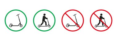 Scooter Kırmızı ve Yeşil İşaretli Adam. Trotinette Siluet Simgeleri Ayarlandı. Eko Taşımacılık Pictogramı ile Giriş Yasaklandı. İzole Vektör İllüstrasyonu.