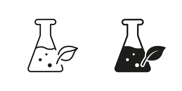 Glaskolben Mit Blatt Silhouette Und Line Icon Set Science Chemistry — Stockvektor