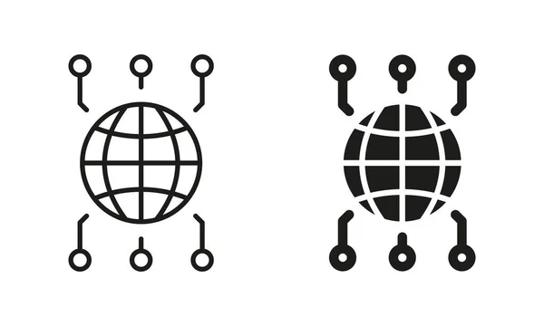 Global Network Line Silhouette Icon Set Rete Internazionale Comunità Collezione — Vettoriale Stock