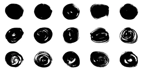 Black Grunge Frame Circle Shape Set Brush Collection Swirl Graphic — Stock Vector