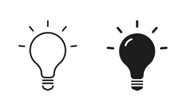 Ampul Siyah İşaret Koleksiyonu. Lamba Silueti ve Satır Simgesi Ayarlandı. Yaratıcı Fikir Sembolü. Yenilik ve ilham kavramı. İzole Vektör İllüstrasyonu.