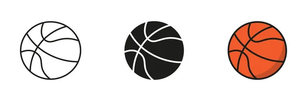 バスケットボールボールシルエットとラインアイコンセット ボール フォー プレイスポーツゲームソリッド アウトラインホワイトを基調としたブラック カラーのシンボルコレクション 絶縁ベクトルイラスト — ストックベクタ