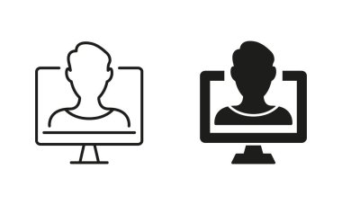 Çevrimiçi Eğitim Silüeti ve Satır Simgesi Ayarlandı. Çevrimiçi Eğitim Siyah İşareti. Uzaktan eğitim, danışmanlık, e-öğrenme ve çevrimiçi Webinarlar. Öğretmen ve Bilgisayar Ekranı. İzole Vektör İllüstrasyonu.