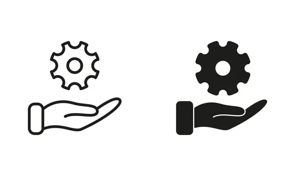 Hand Holding Gear Line Silhouette Black Icon Set Технологическая Поддержка — стоковый вектор