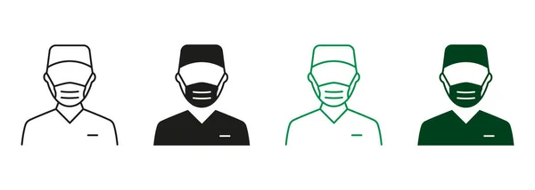 Tıbbi Maske Estetik Cerrahi Hastane Personeli Pictogram Seti Cerrah Adam — Stok Vektör