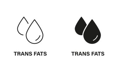 Ürün Gıda 'da yağ transferi. Yağ Sembolü. Bedava Trans Fat Silhouette ve Line Icon Set. Trans Yağ İşareti. Kolesterol logosu. 0 Trans fat Label. İzole Vektör İllüstrasyonu.