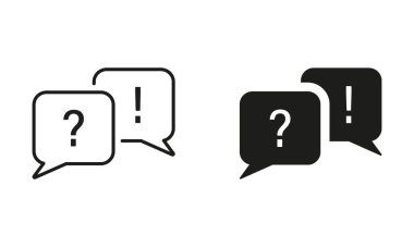 Konuşma baloncuğu satırında ünlem ve soru işareti ve siluet simgesi seti. Bilgi SSS Pictogram. Diyalog Sohbeti, Tartışma Sor ve Yanıt İşareti Koleksiyonu. İzole Vektör İllüstrasyonu.