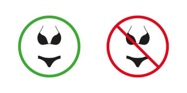 Çıplaklar plajı kırmızı ve yeşil uyarı işaretleri. Dişi İki Parça Mayo Siluet Simgeleri Ayarlandı. Kadınlar Bikini ve Sütyen İzin Verildi ve Yasaklandı Pictogram. Mayo Sembolü. İzole Vektör İllüstrasyonu.