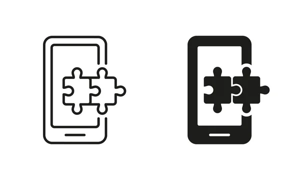 Teléfono Móvil Con Línea Rompecabezas Conjunto Iconos Silueta Jigsaw Smartphone — Vector de stock