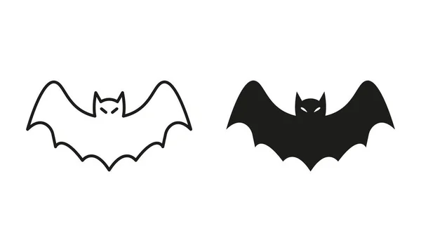 Bat Line Silhouette Black Icon Set Cute Halloween Spooky Fly — Stock Vector