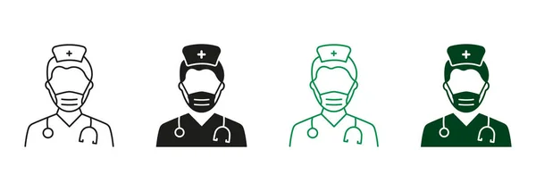 Professionele Doctor Face Mask Met Stethoscope Line Silhouette Icon Set — Stockvector